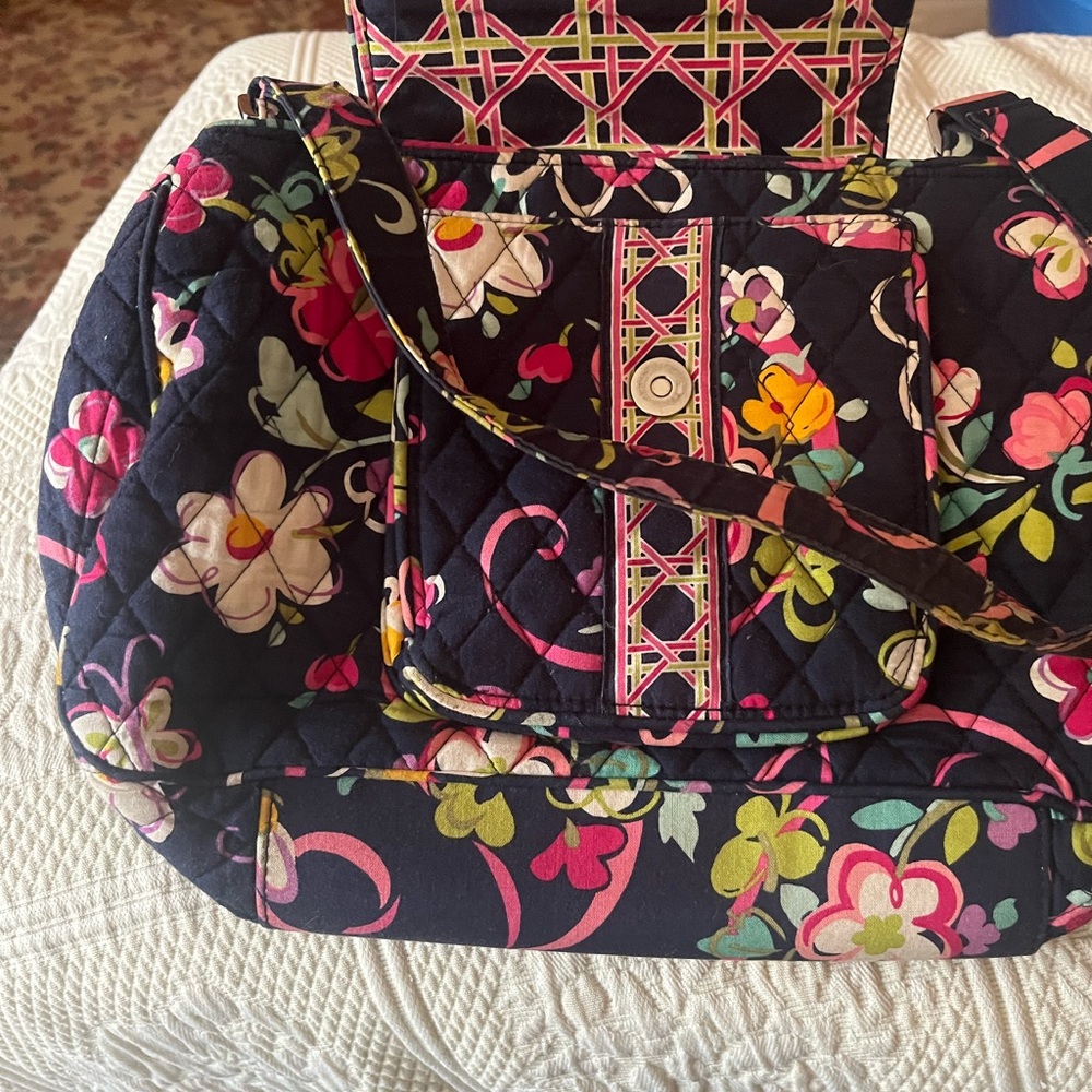 Vera Bradley Navy Quilted Floral Tote with Pink and Yellow Accents